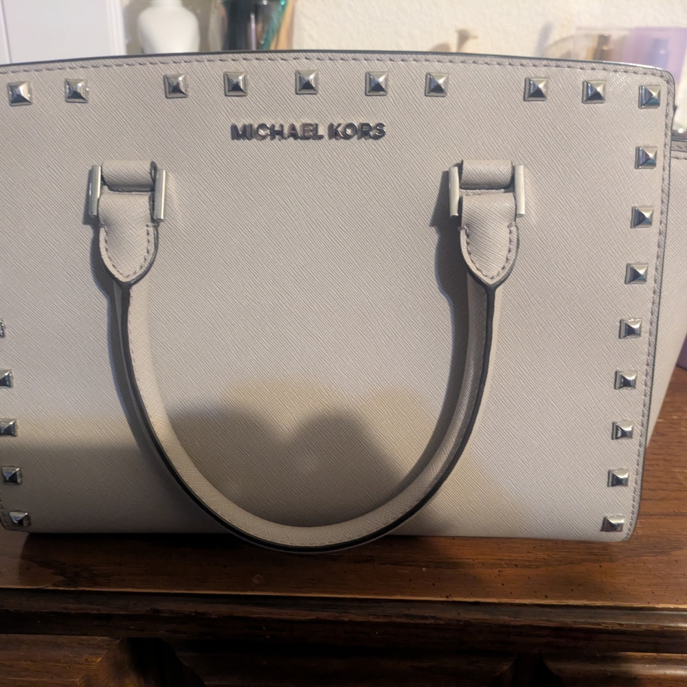 Michael Kors Light Gray Studded Saffiano Satchel
